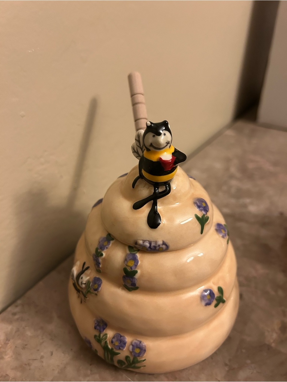 Blue Sky Cream Ceramic Bee Honey Pot with Purple Floral Accents